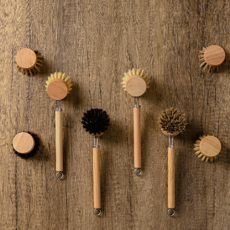 Horse Hair Replaceable Pot Brush Long Handle Removable Pot Brush Natural Sisal Soft Pot Brush Coconut Palm Cleaning Brush